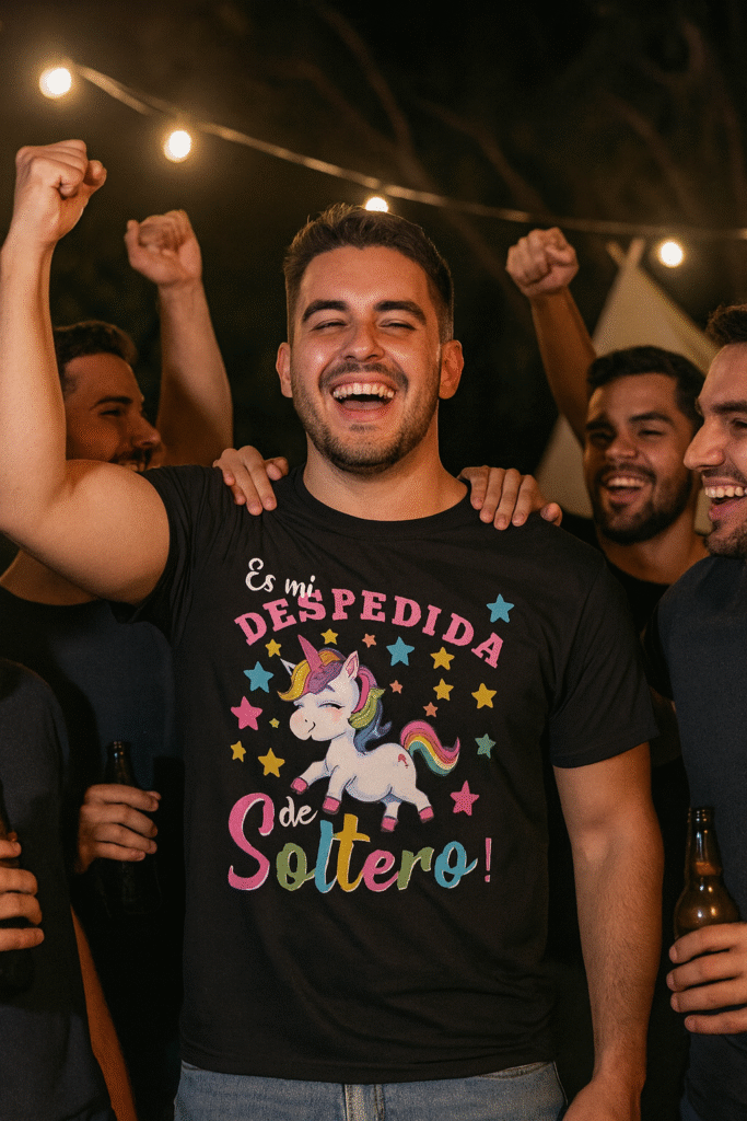 Grupo de amigos celebrando despedida de soltero, chico de 25 años con camiseta negra divertida de unicornio y frase “Es mi despedida de soltero”
