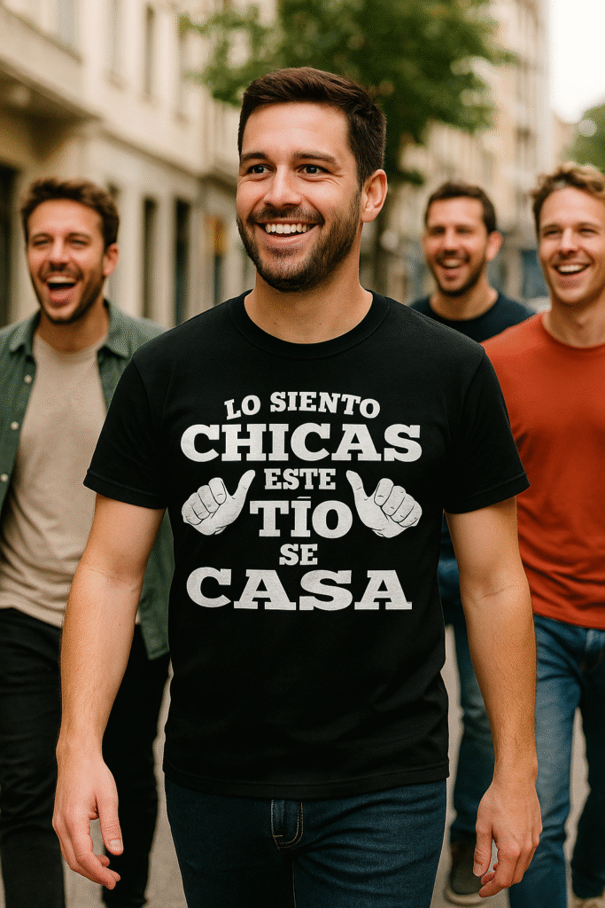 Chico en primer plano con camiseta negra divertida que dice lo siento chicas este tío se casa mientras pasea con amigos en despedida de soltero