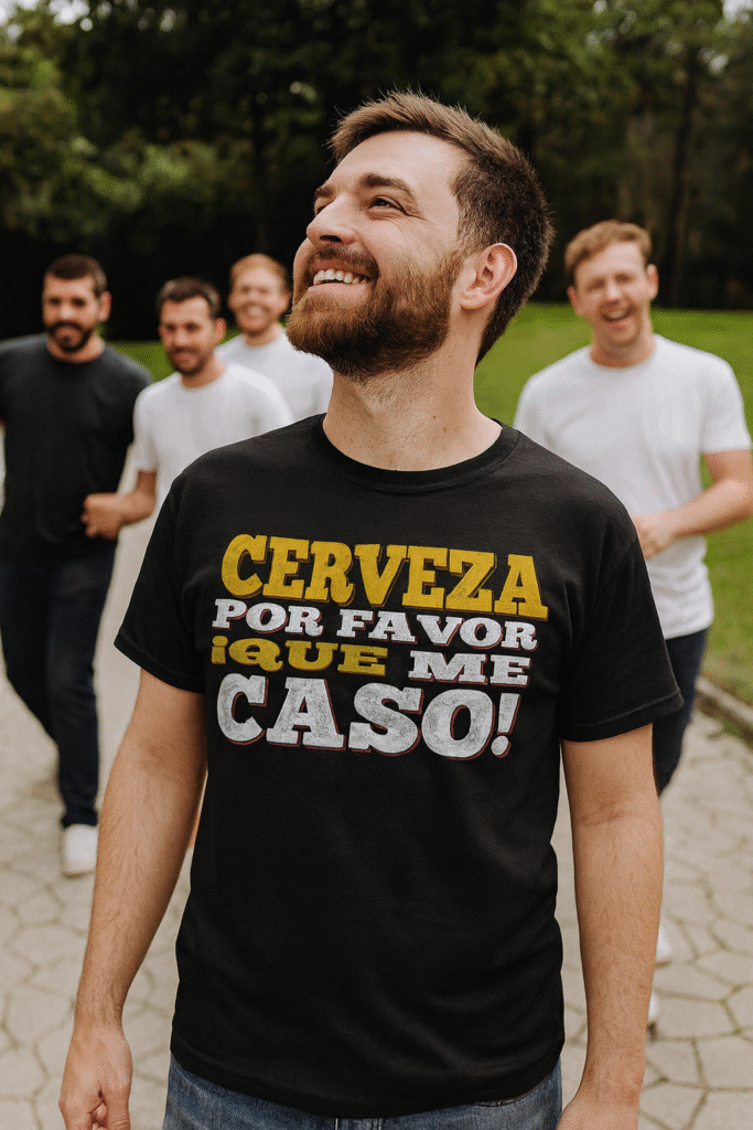 Chico joven con barba celebrando despedida de soltero con camiseta negra que dice cerveza por favor que me caso mientras pasea con amigos