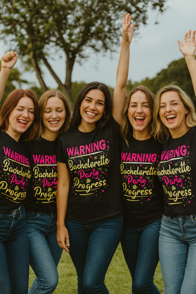 Grupo de cinco amigas bailando en un parque con camisetas negras que dicen warning bachelorette party in progress