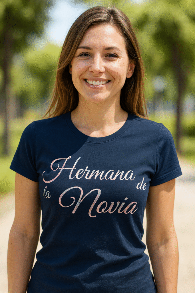 Chica en exterior con mucha luz, plano medio, camiseta azul con diseño “Hermana de la Novia”