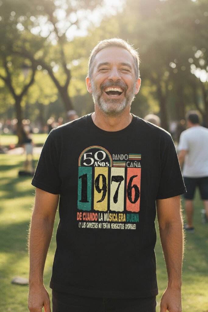 Hombre sonriente de 50 años caminando por la ciudad con camiseta negra de cumpleaños 1976, estilo retro
