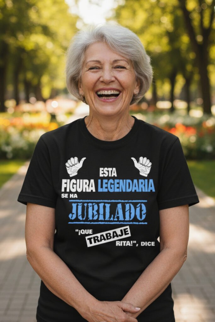 Mujer jubilada sonriente en un parque con camiseta negra que dice Esta figura legendaria se ha jubilado, que trabaje Rita, regalos divertidos para jubilados