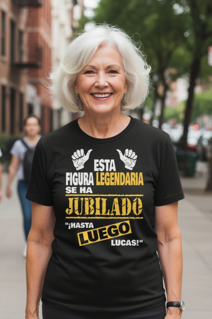 Mujer jubilada sonriente paseando por la ciudad con camiseta negra que dice Esta figura legendaria se ha jubilado, hasta luego Lucas, regalos divertidos para jubilados