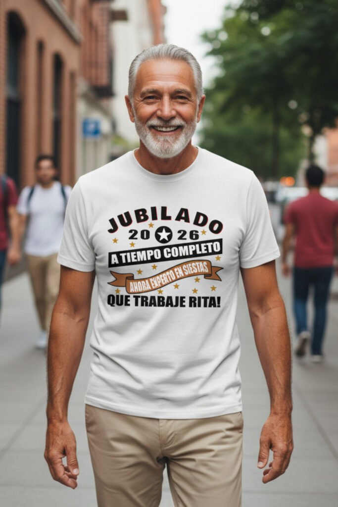 Hombre jubilado sonriente paseando por la ciudad con camiseta blanca que dice Jubilado 2026 a tiempo completo, ahora experto en siestas, que trabaje Rita, regalos divertidos para jubilados