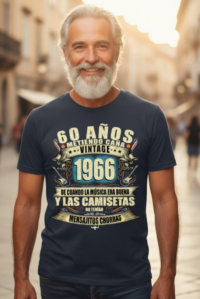 Hombre de 60 años sonriente con camiseta de cumpleaños 1966 estilo rock vintage con mensaje divertido