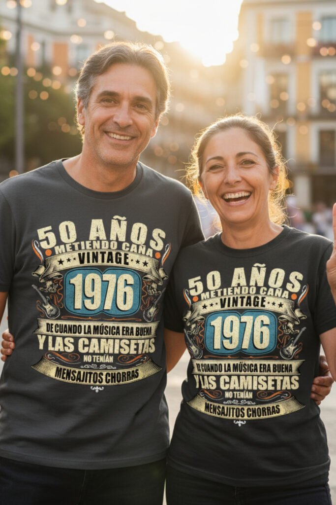 Pareja con camisetas graciosas de 50 cumpleaños 1976, diseño vintage con mensaje divertido