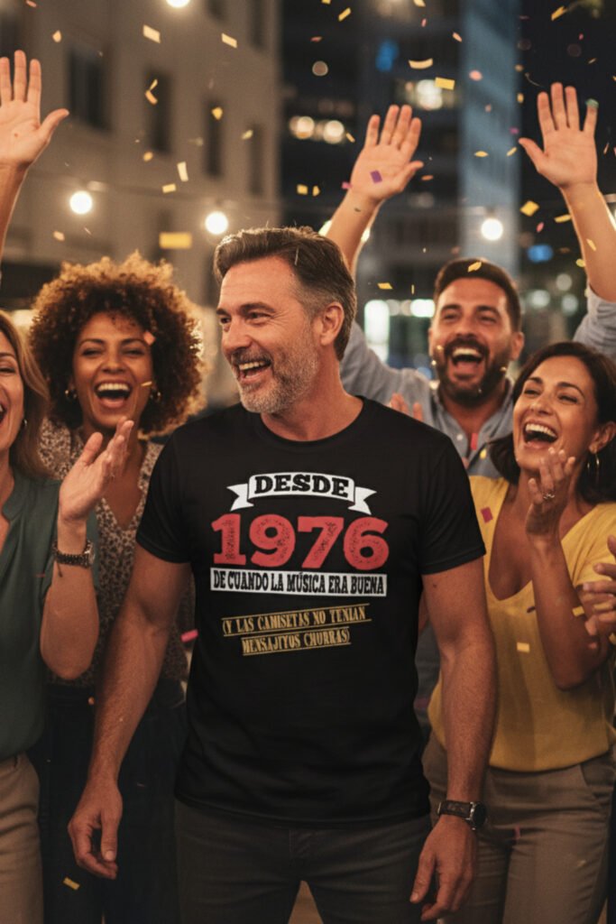 Hombre celebrando su 50 cumpleaños con amigos, lleva una camiseta graciosa de 1976 diseño vintage