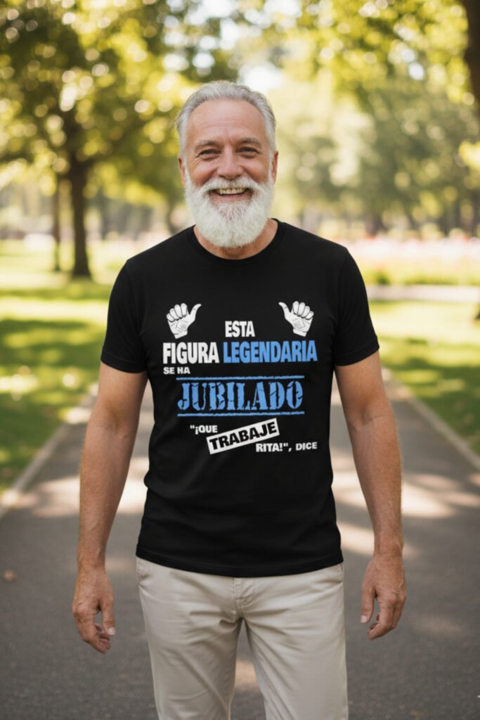 Hombre jubilado sonriente en el parque con camiseta negra que dice Esta figura legendaria se ha jubilado, que trabaje Rita, regalos divertidos para jubilados