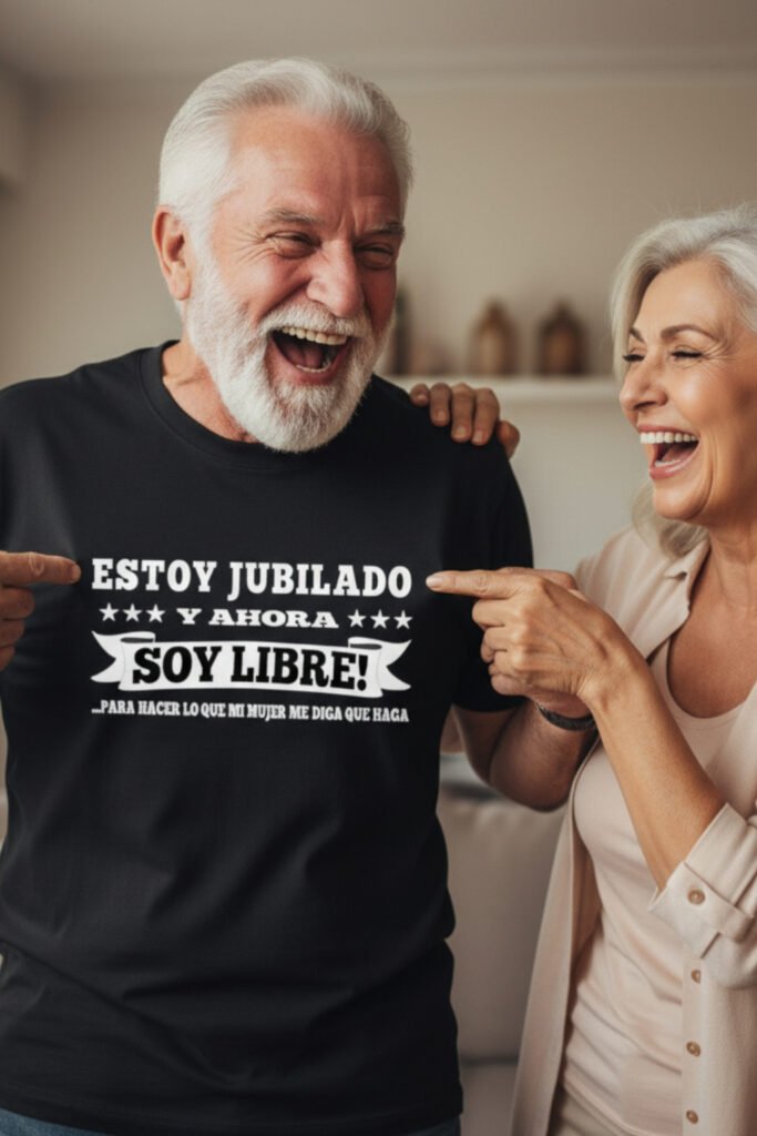 Hombre jubilado riendo junto a su mujer, lleva camiseta negra con texto Estoy jubilado y ahora soy libre, regalos divertidos para jubilados