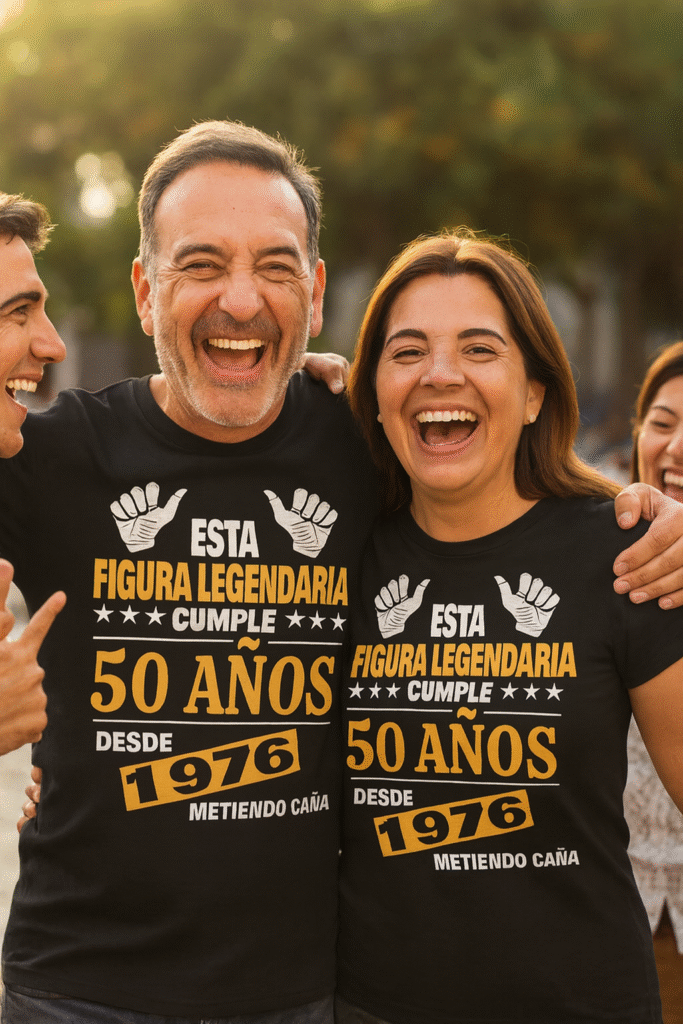 Hombre y mujer gemelos de 50 años festejando con amigos, vistiendo camisetas negras con diseño “Figura legendaria 1976”.