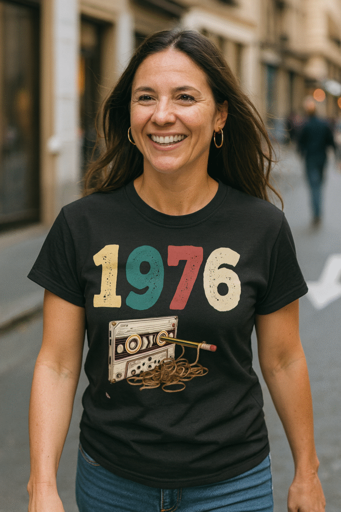 Mujer de 50 años sonriendo mientras pasea por la calle con una camiseta negra de estilo retro con el diseño “1976” y cassette vintage