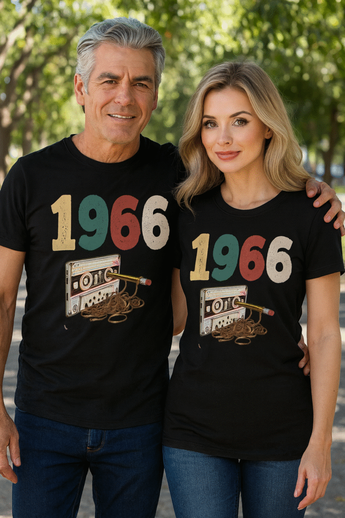 Pareja atractiva de 60 años paseando juntos y sonriendo, ambos con camiseta negra retro diseño 1966 con cassette vintage