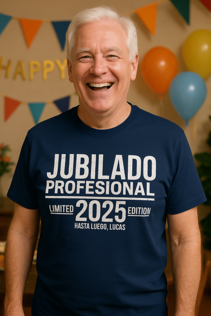 Hombre sonriente con camiseta azul de jubilación profesional 2025 edición limitada, regalo original para jubilados
