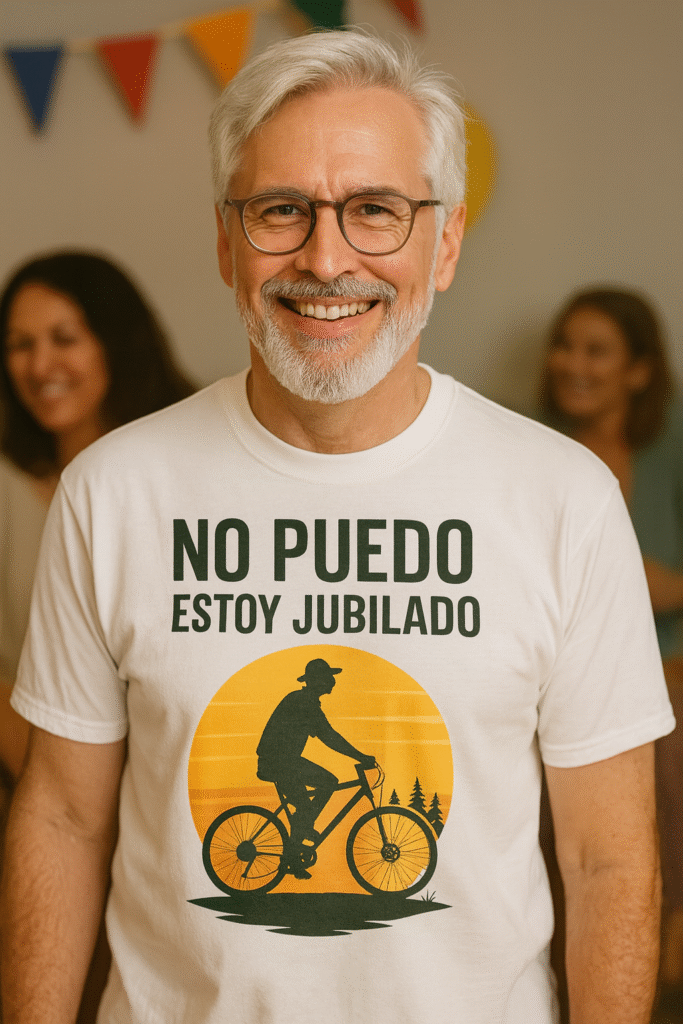 Hombre jubilado sonriente con camiseta blanca que dice No puedo estoy jubilado, regalo original para fiesta de jubilación