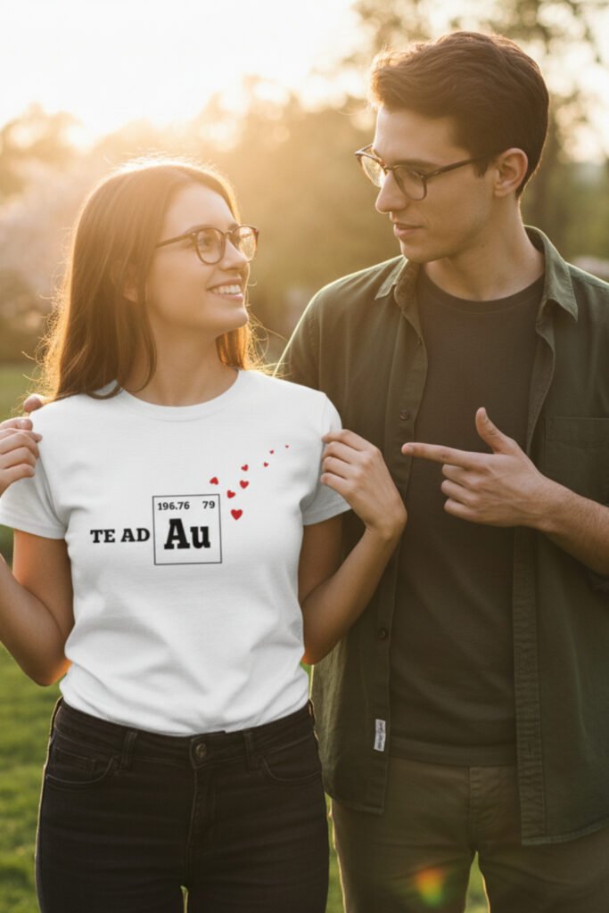 Pareja joven en el parque, ella lleva una camiseta blanca con diseño friki de química y mensaje romántico con el símbolo Au del oro, ideal como regalo geek de amor.
