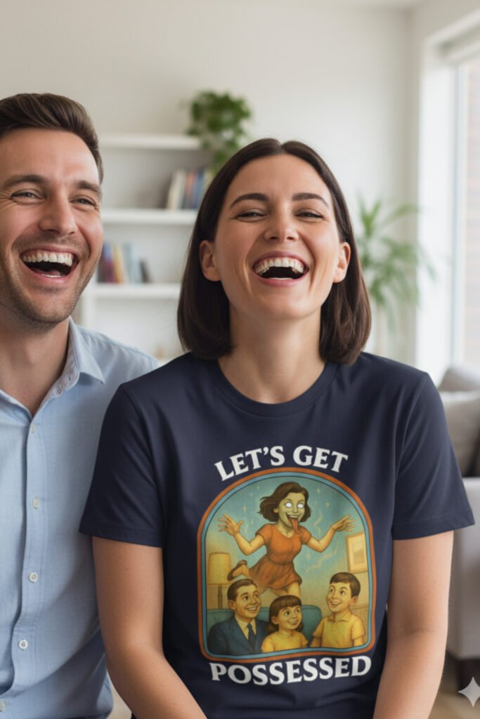 Camisetas frikis con humor Mujer joven riendo en casa junto a un amigo, lleva una camiseta friki con humor oscuro ‘Let’s Get Possessed’, diseño retro de posesión demoníaca.