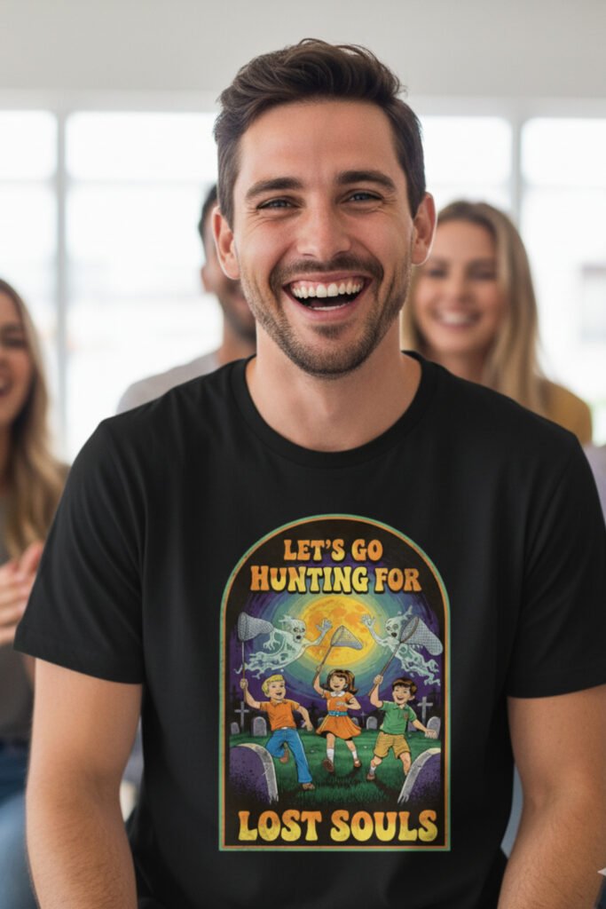 Hombre joven riendo con amigos, lleva camiseta negra friki con humor retro ‘Let’s Go Hunting for Lost Souls’, diseño divertido de niños cazando fantasmas en un cementerio.