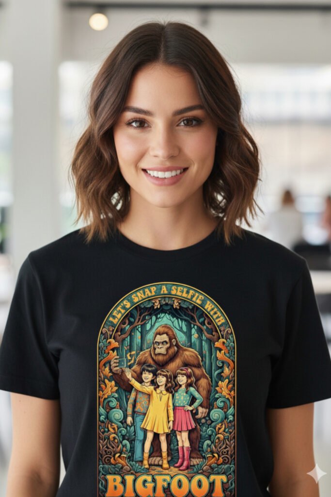 Mujer joven sonriente en interior con camiseta negra friki con humor ‘Bigfoot’, diseño retro divertido de selfie con pie grande y niños.