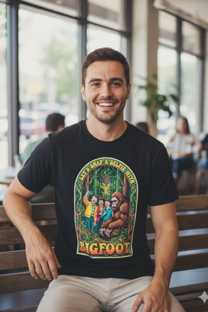 Hombre joven sonriente sentado en interior con camiseta friki con humor ‘Bigfoot’, diseño retro de selfie en el bosque con pie grande y niños