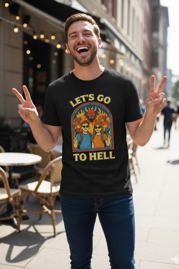 Camisetas frikis con humor Hombre joven sonriente en la calle levantando las manos en símbolo de victoria, lleva puesta una camiseta negra con diseño divertido 'Let's Go To Hell', ideal para regalar camisetas frikis con humor