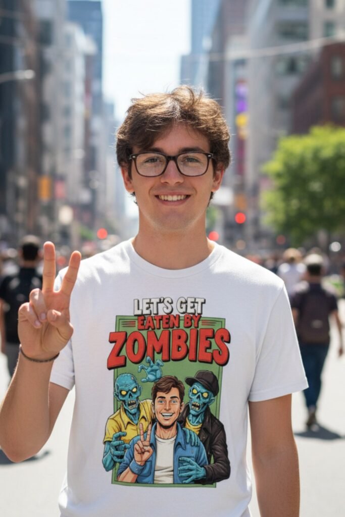 Camisetas frikis con humor Joven de 25 años en la ciudad con camiseta blanca divertida 'Let's Get Eaten by Zombies', diseño friki con humor ideal como regalo original