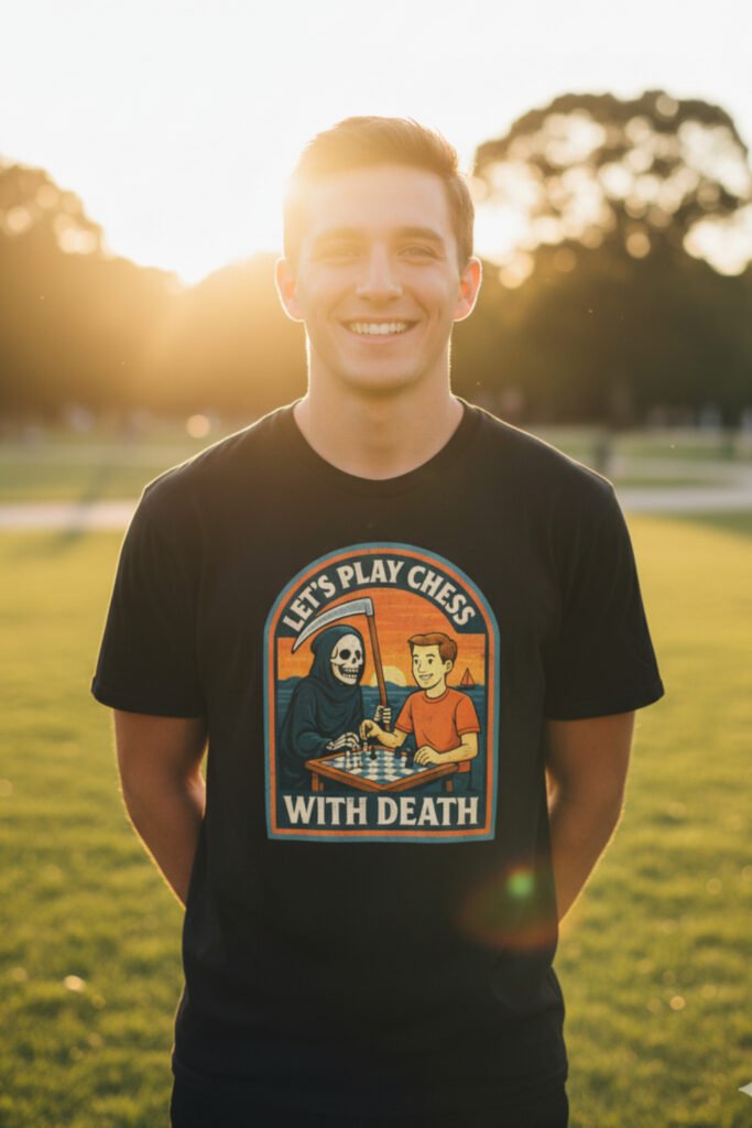 Joven con camiseta negra divertida 'Let's Play Chess with Death', diseño friki con humor ideal para amantes del ajedrez y lo macabro