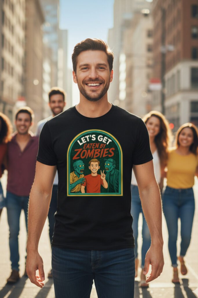 Hombre joven sonriente de 30 años caminando por la ciudad con una camiseta negra con diseño humorístico de zombis y amigos de fondo
