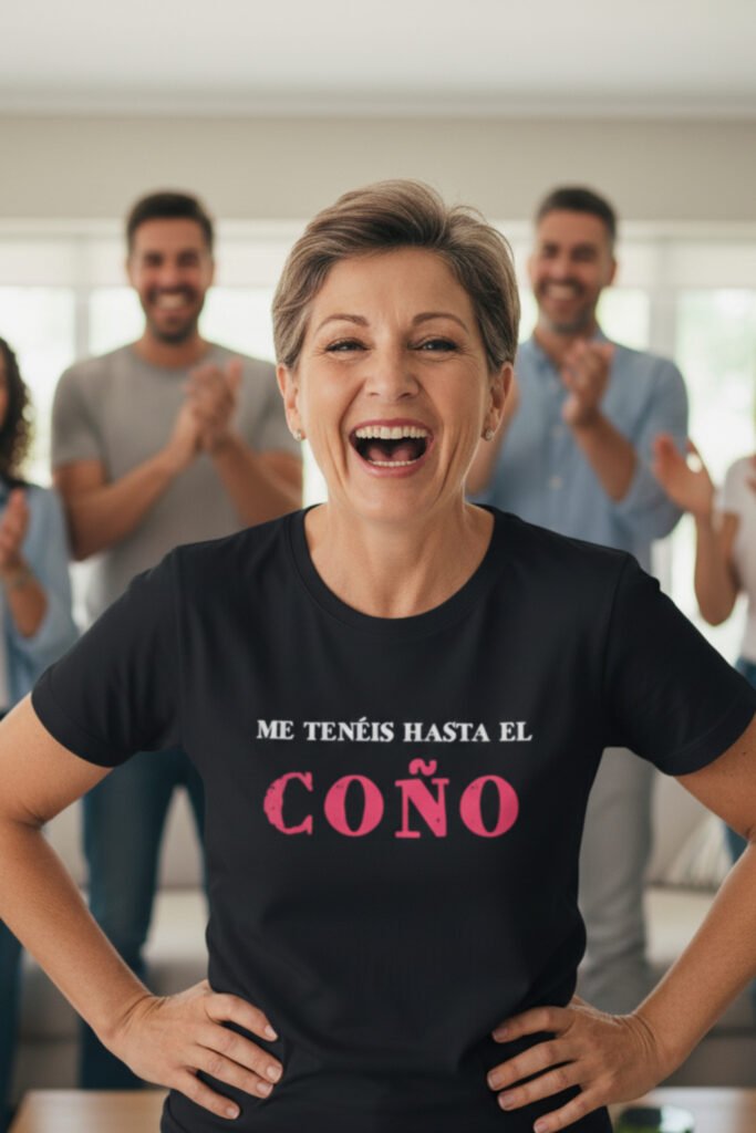 Madre feliz riendo con camiseta divertida, ejemplo de regalos divertidos para madres y padres