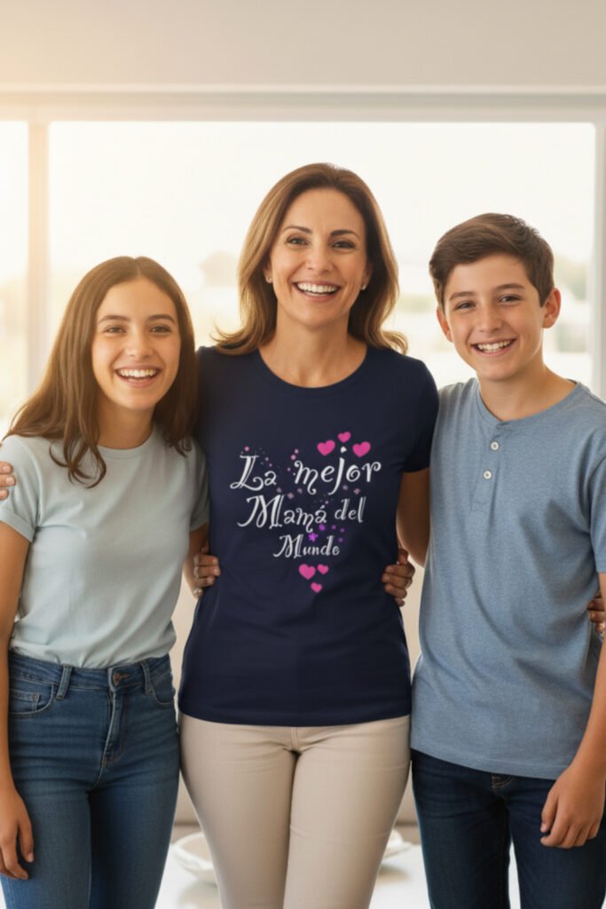 Madre con sus hijos mostrando un regalo especial, ejemplo de regalos divertidos para madres y padres.