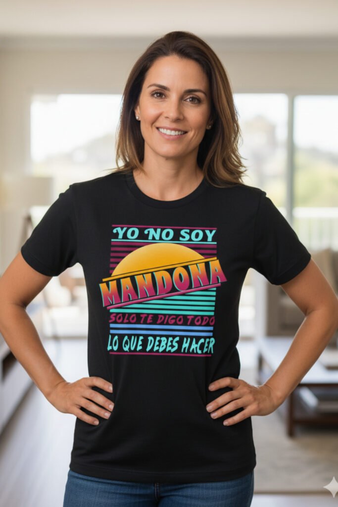Mujer sonriente en casa con camiseta graciosa de estilo retro, ejemplo de regalos divertidos para madres.