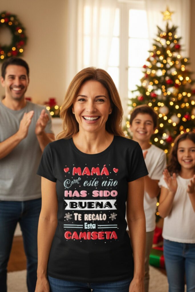 Madre sonriente en Navidad recibiendo un regalo gracioso, ejemplo de regalos divertidos para madres