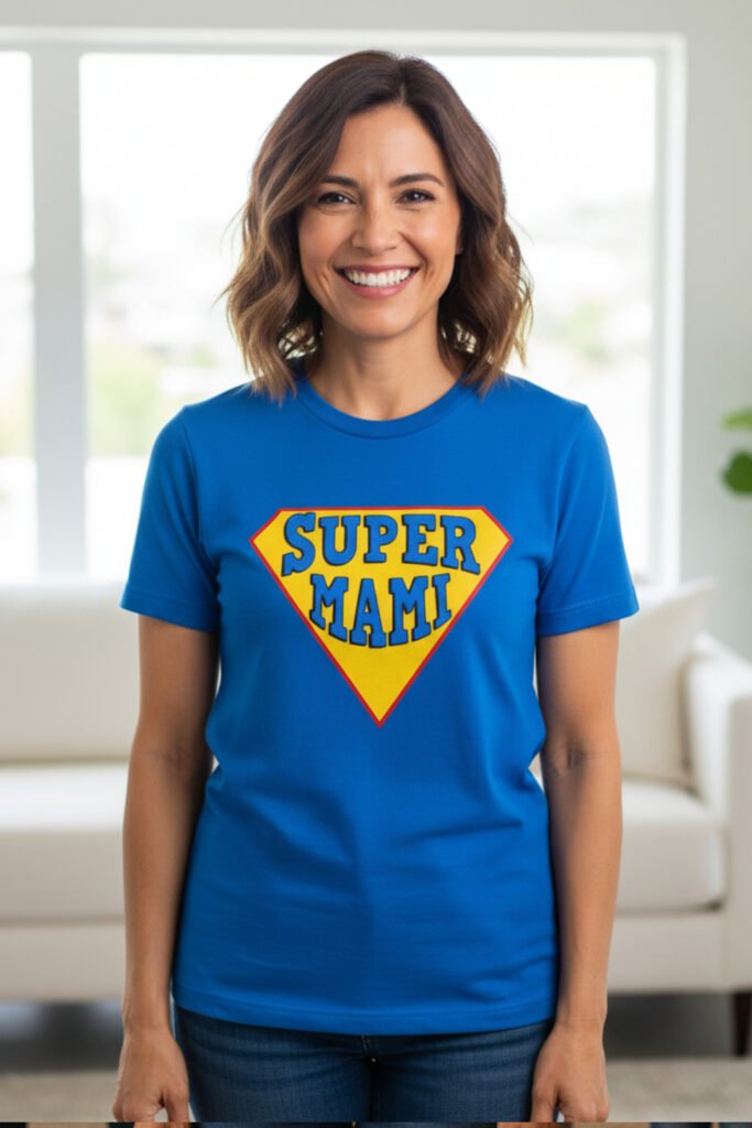 Madre sonriente con camiseta azul de Super Mami, regalo original para madres