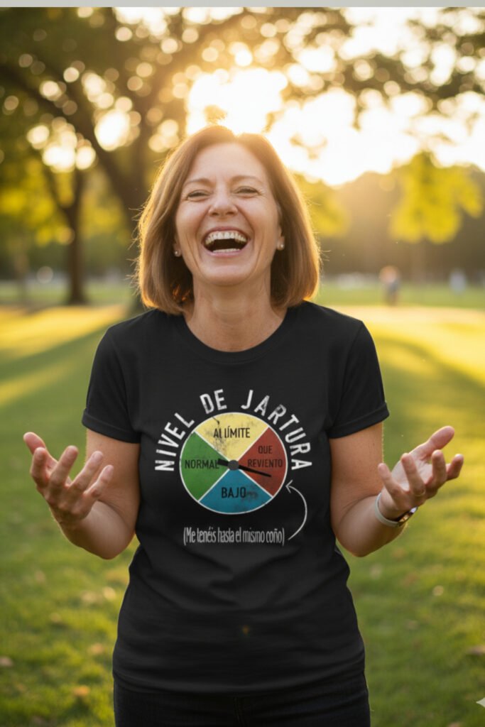 Madre riendo al aire libre con camiseta graciosa de nivel de hartura, ejemplo de regalos divertidos para madres