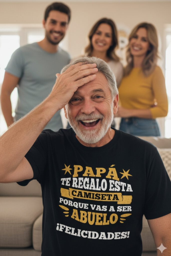 Padre mayor emocionado con camiseta divertida de “vas a ser abuelo”, regalo original para padres