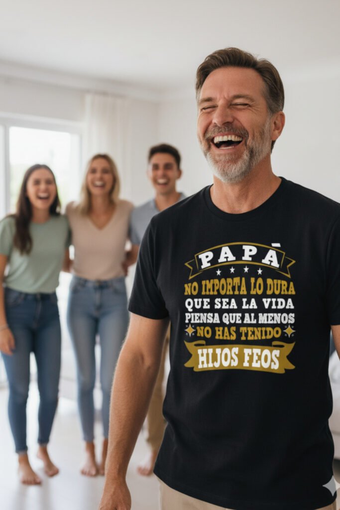 Padre riendo con camiseta divertida que dice “al menos no has tenido hijos feos”, regalo gracioso para padres.