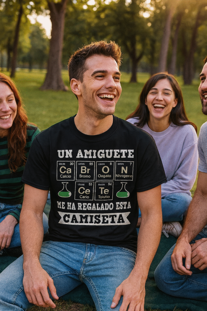 Joven universitario riendo en el parque con amigos, lleva una camiseta negra con diseño divertido de tabla periódica, ideal como regalo friki para estudiantes, químicos o amigos con humor.