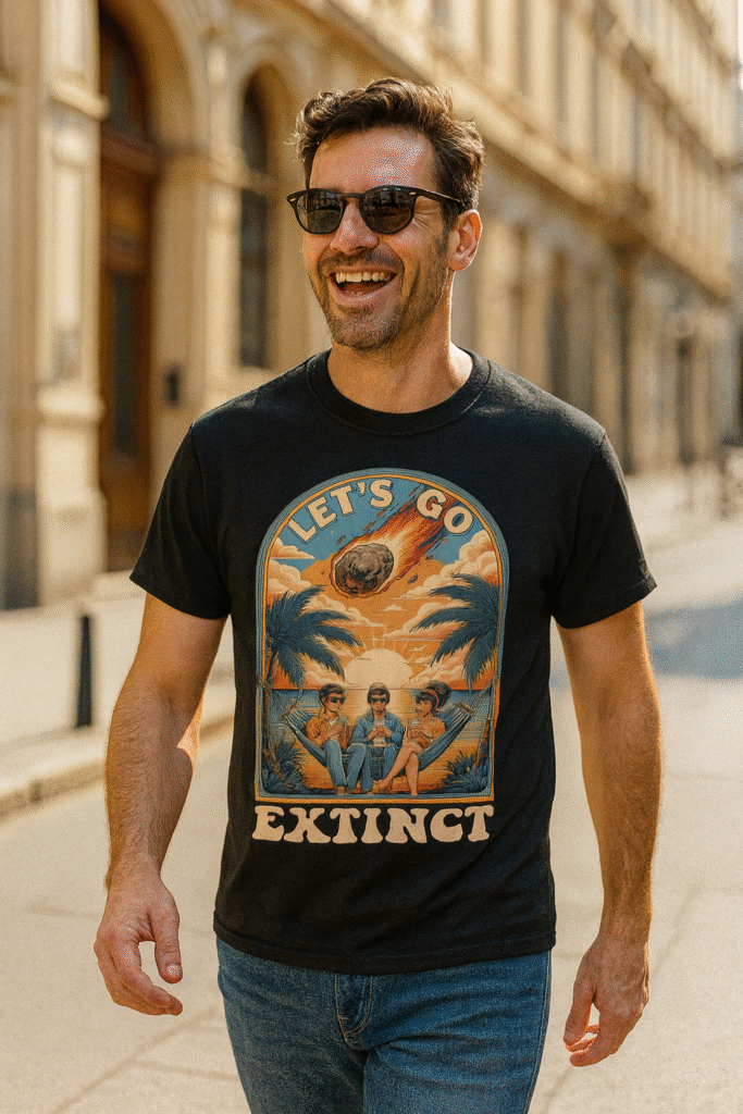 Hombre de 35 años riendo mientras camina por la ciudad con camiseta negra friki con humor, diseño retro ‘Let’s Go Extinct’ con meteorito y playa.