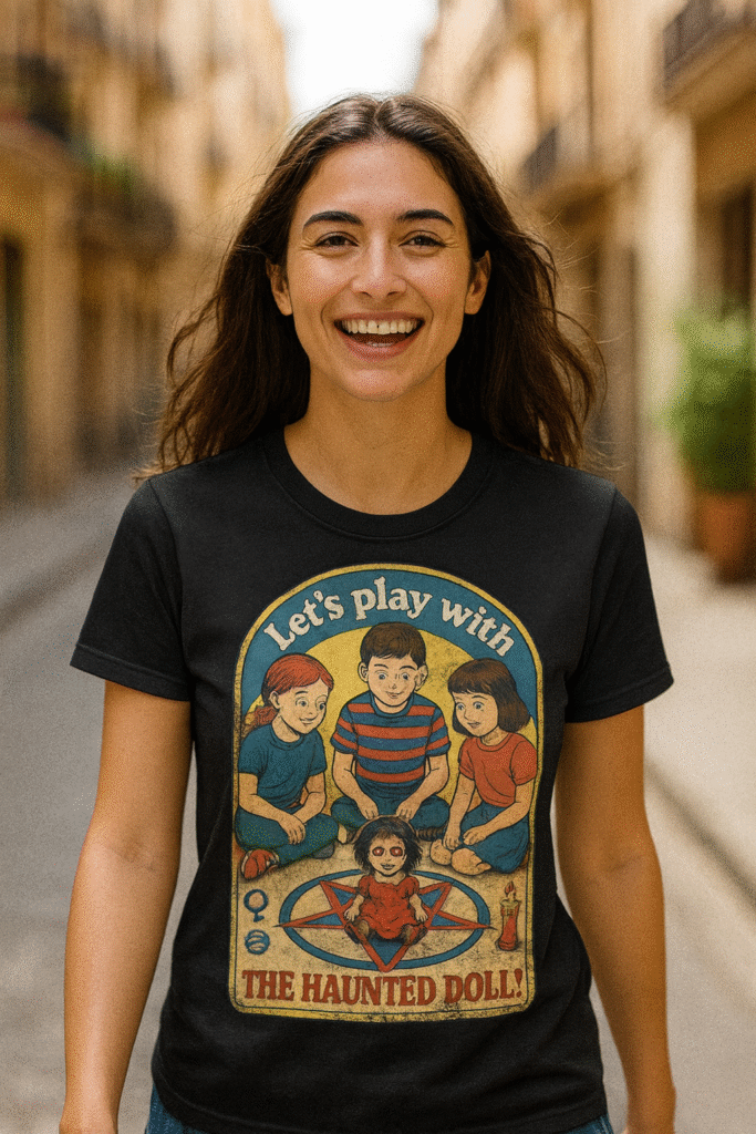 Camisetas frikis con humor Mujer joven sonriente caminando por la calle con camiseta friki con humor retro ‘The Haunted Doll’, diseño de niños jugando con muñeca poseída