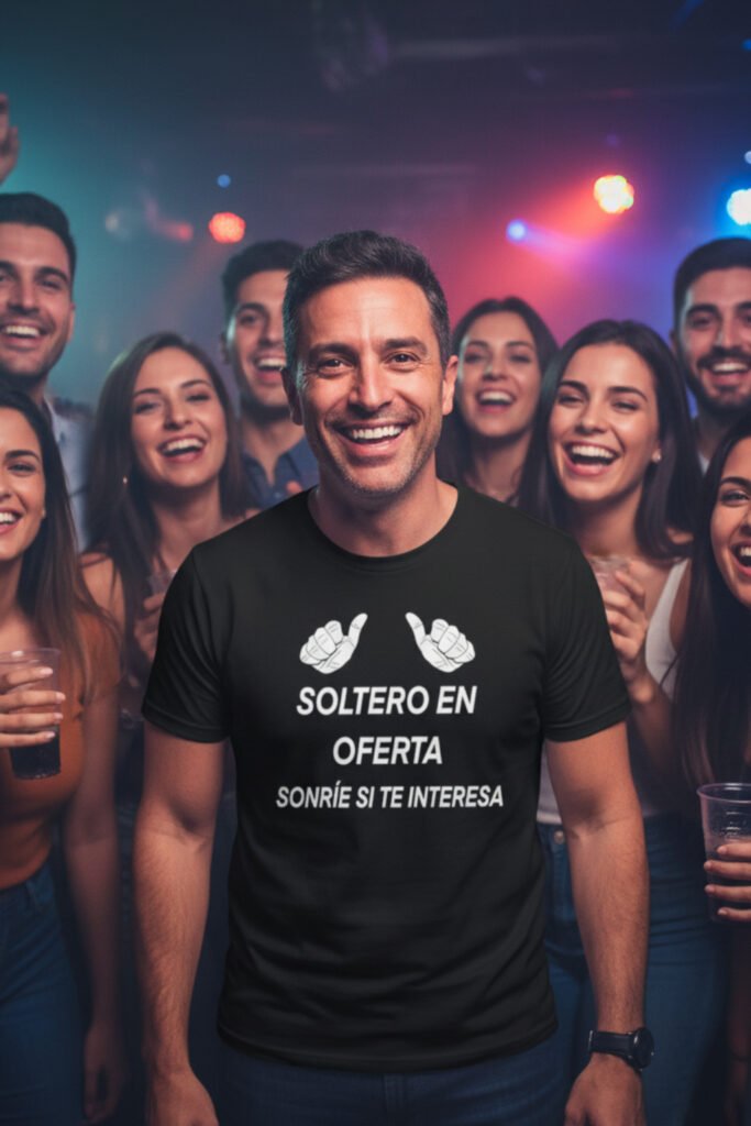 Hombre de 40 años en discoteca con amigos, sonriente, llevando camiseta negra con mensaje gracioso “Soltero en oferta sonríe si te interesa” Regalos divertidos para hombres divorciados con humor