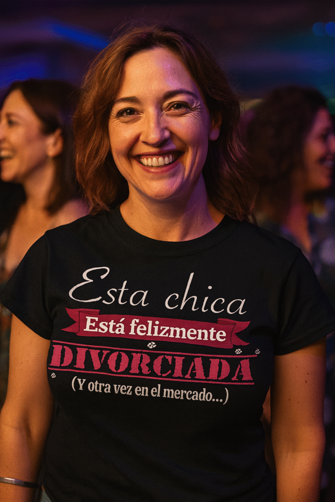 Mujer de 35 años en discoteca con amigas, sonriendo y llevando camiseta negra con mensaje gracioso, Ideas originales de regalos divertidos para hombres y mujeres divorciados