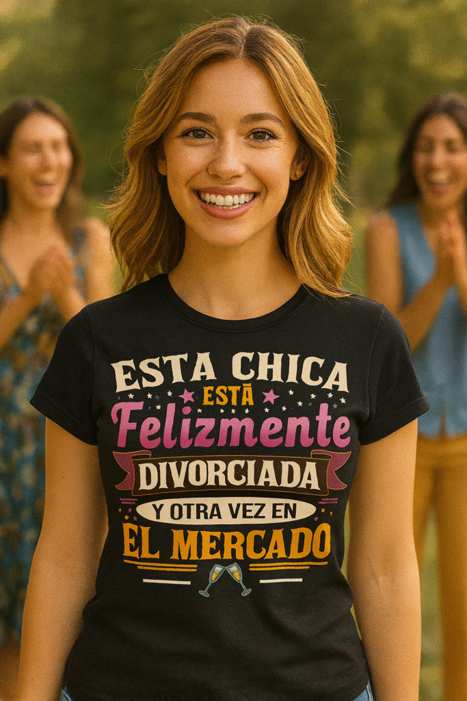 Mujer de 30 años en un parque con amigas, sonriendo y llevando camiseta negra con mensaje gracioso “Esta chica está felizmente divorciada y otra vez en el mercado”, ideal como regalo divertido para mujeres divorciadas