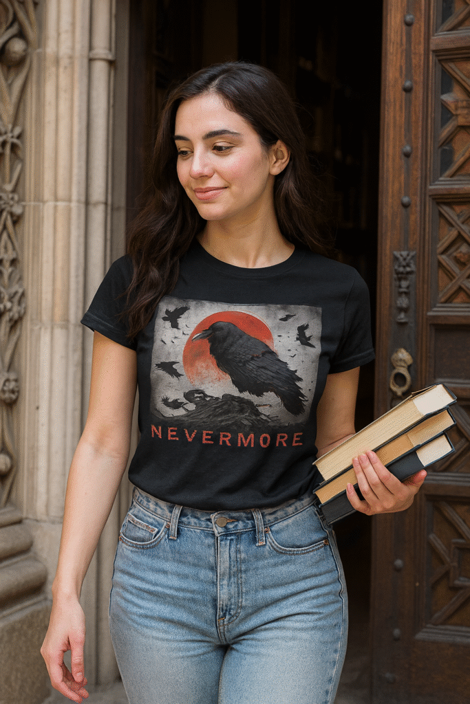 Joven con camiseta Nevermore, diseño de cuervo inspirado en Poe, dentro de la colección de camisetas góticas y alternativas