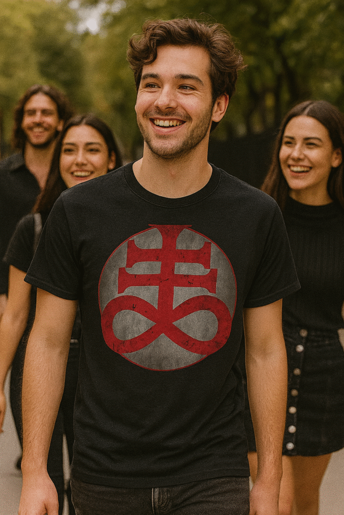 Grupo de jóvenes góticos caminando sonrientes, uno de ellos en primer plano con camiseta Leviatán roja, parte de la colección de camisetas góticas y alternativas, cruz de Leviathan