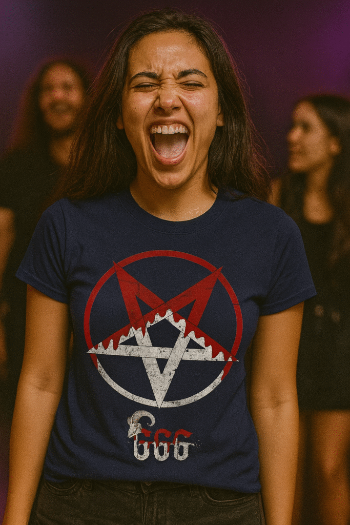 Joven disfrutando en un concierto de música heavy, vistiendo camiseta con pentagrama y 666, parte de la colección de camisetas góticas y alternativas