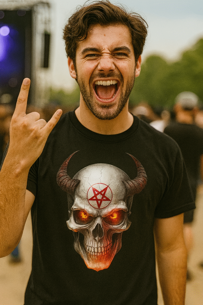 Chico de 25 años disfrutando en un concierto, vistiendo camiseta con calavera demoníaca y pentagrama, parte de la colección de camisetas góticas y alternativas