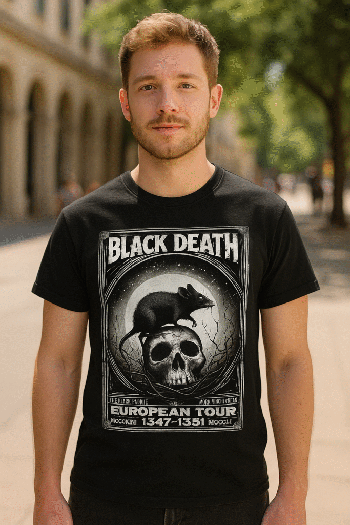 Joven en plano medio vistiendo camiseta Black Death estilo gótico y alternativo, inspirada en la peste negra medieval y diseñada como cartel ficticio de gira europea 1347-1351