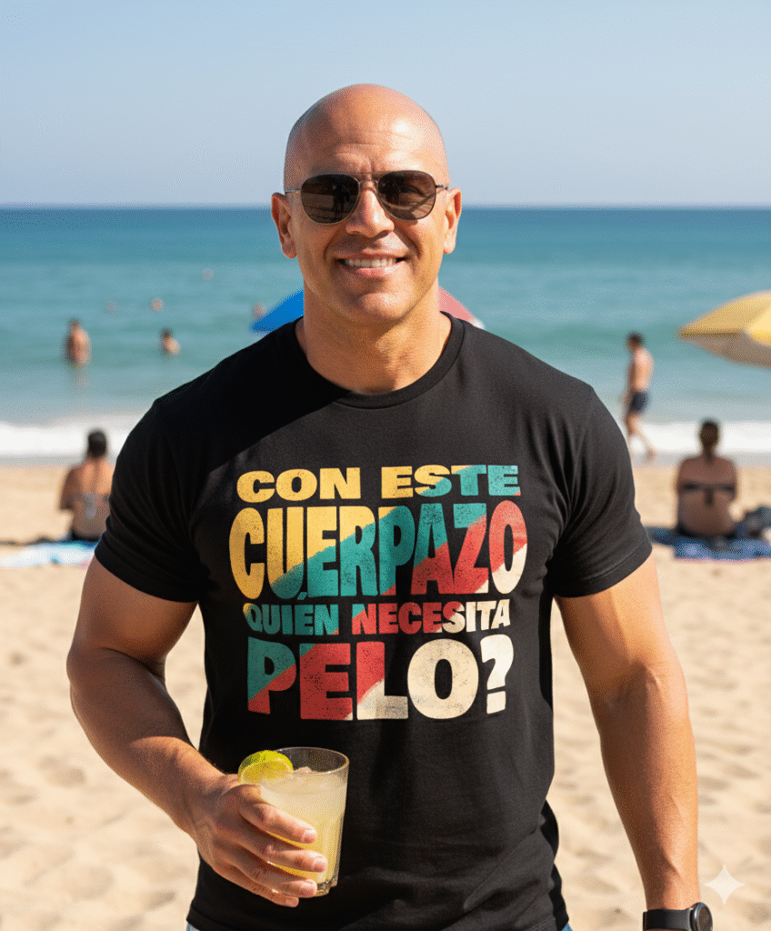 Un hombre calvo, de mediana edad, con gafas de sol, sonríe a la cámara mientras sostiene una bebida refrescante con una rodaja de lima. Viste una camiseta negra con el mensaje "CON ESTE CUERPAZO ¿QUIÉN NECESITA PELO?", con letras de colores mezclados. Se encuentra en una playa soleada, con el mar de fondo y algunas personas bañándose o relajándose en la arena, bajo un cielo azul claro. El ambiente es relajado y veraniego.