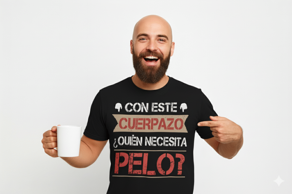 Un hombre caucásico de unos 40 años, calvo y con barba completa, sonríe ampliamente a la cámara mientras sostiene una taza blanca en su mano izquierda y se señala a sí mismo con el dedo índice derecho. Viste una camiseta negra con el texto en español "CON ESTE CUERPAZO ¿QUIÉN NECESITA PELO?" en letras de estilo grunge. El fondo es blanco liso.