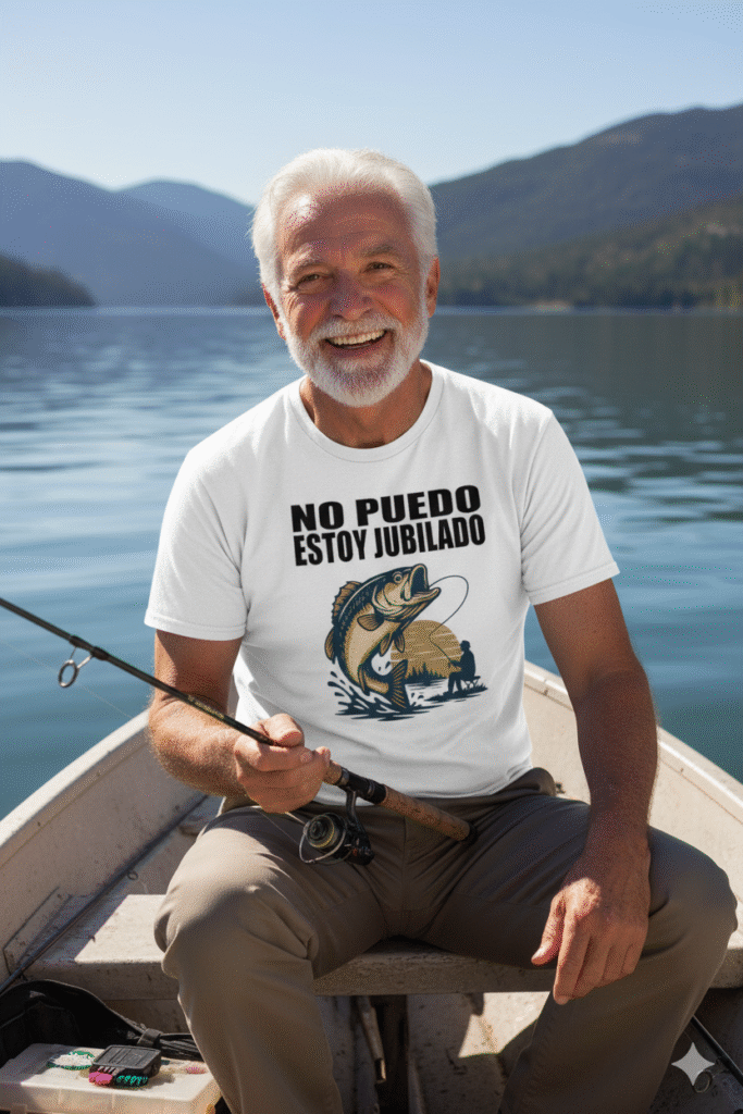 Hombre jubilado sonriente en un lago mientras pesca, lleva camiseta blanca con diseño de pez y texto No puedo estoy jubilado, regalos divertidos para jubilados